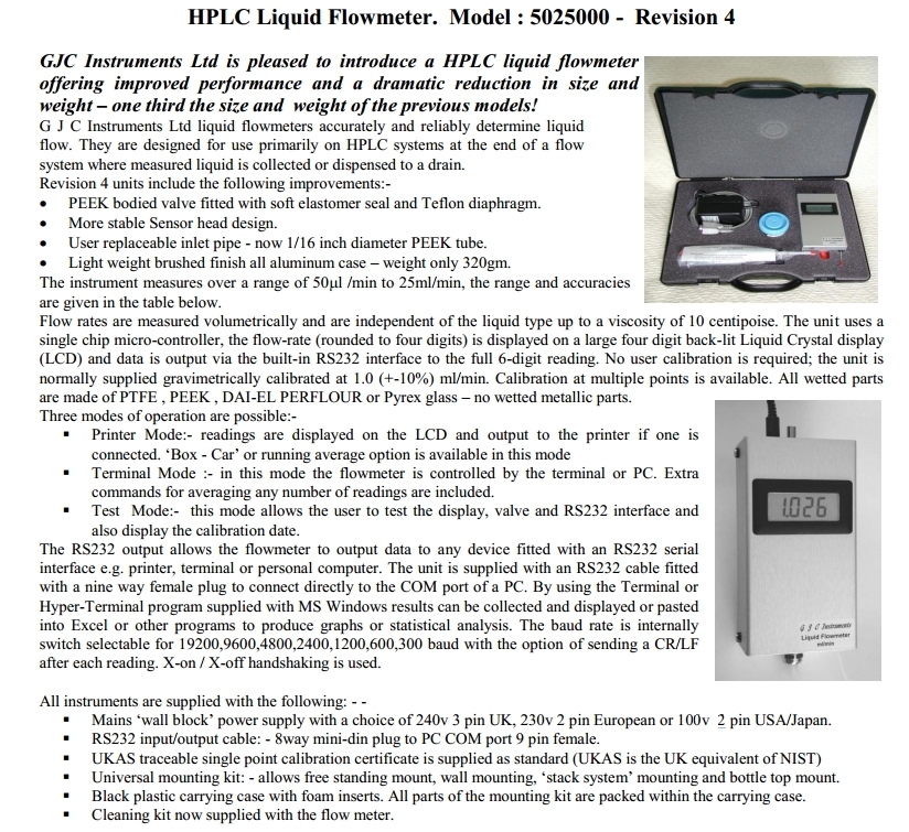 HPLC Liquid Flowmeter (Model 5025000 GJC Instruments)